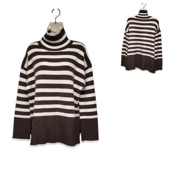 Unbranded Sweaters - Women's Fashion Turtleneck Neck Striped Long Sleeve Brown/White Sweater Size XL